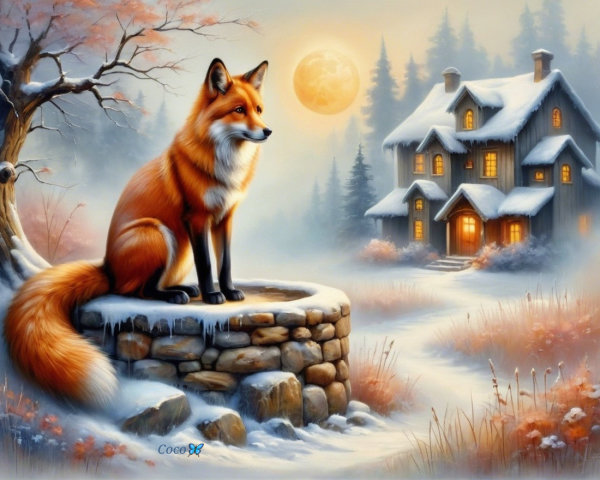 Winter Landscape with Fox and Cozy Cabin Scene