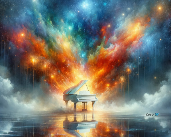 Grand Piano in a Cosmic Landscape with Vibrant Colors