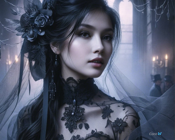 Mysterious Woman in Black Lace with Gothic Backdrop