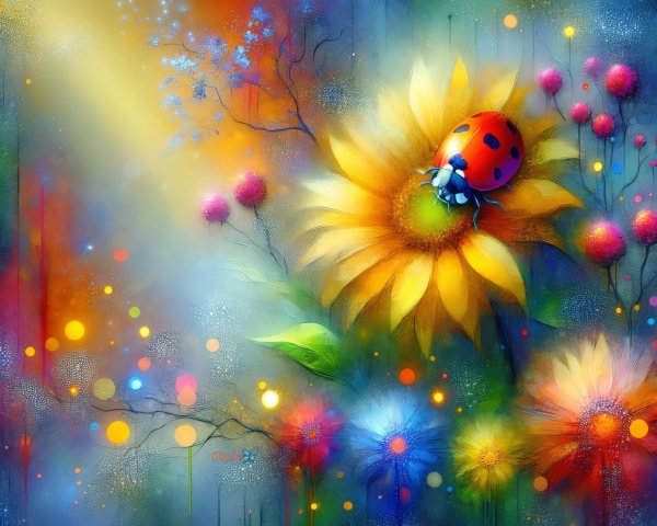 Whimsical Sunflower Scene with Ladybug and Colorful Flowers