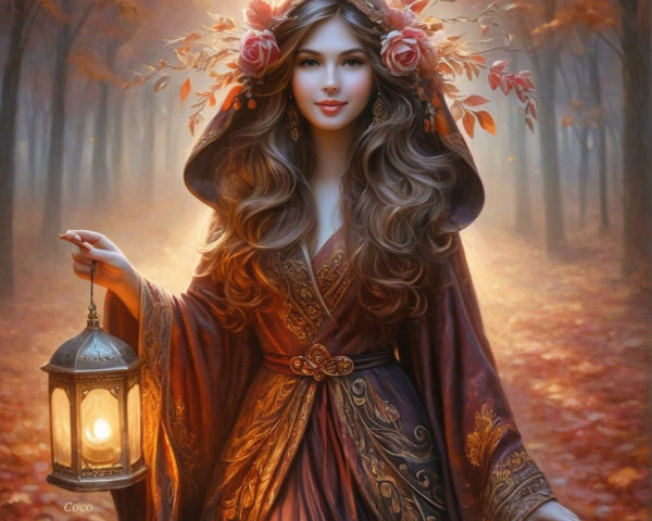 Autumn Forest Scene with Woman and Glowing Lantern