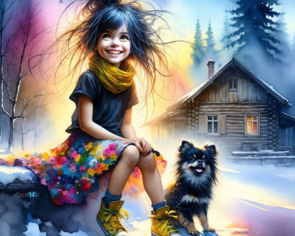 Cheerful girl with colorful hair in snowy landscape