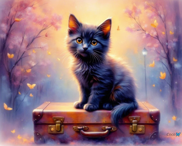 Black Kitten on Vintage Suitcase in Dreamy Landscape