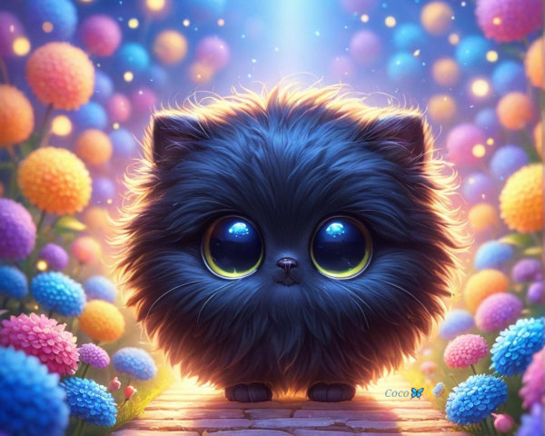 Fluffy Black Cat Surrounded by Colorful Flowers