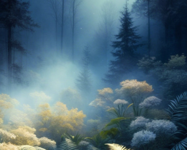 Tranquil Forest Scene with Mist and Gentle Light