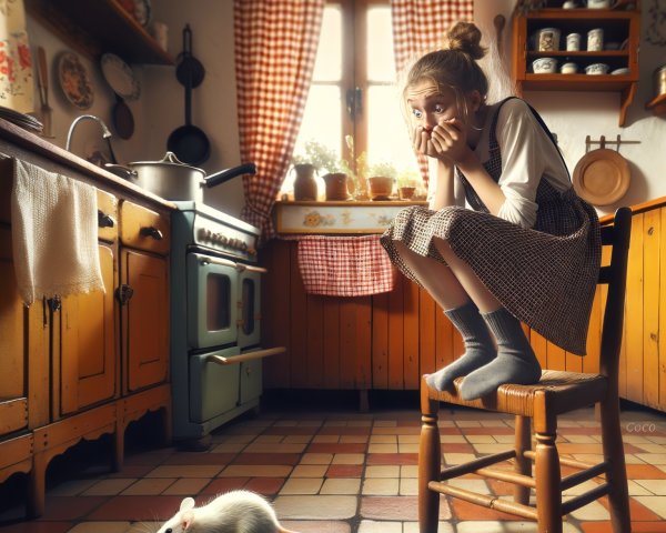 Cozy kitchen scene with girl and white rat interaction