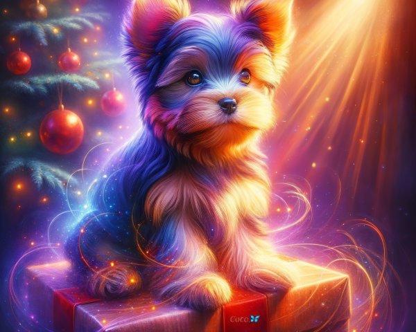 Yorkshire Terrier Puppy on Gift Box with Christmas Tree