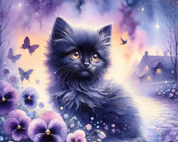 Whimsical Scene with Kitten, Pansies, and Butterflies