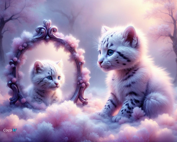 Fluffy Kitten Gazing at Reflection in Dreamy Landscape