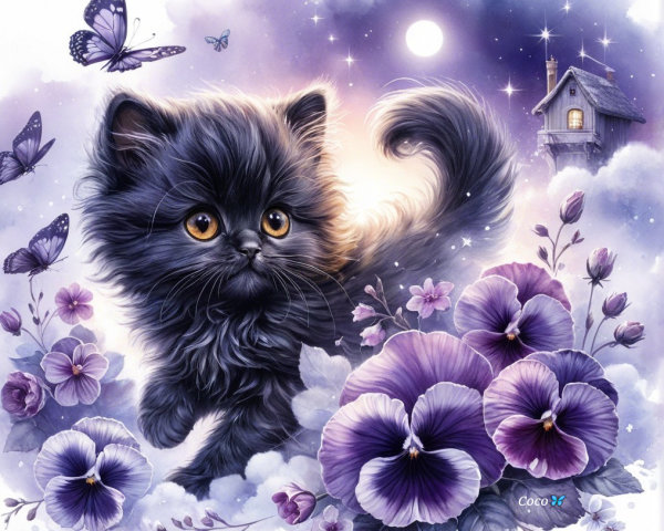Fluffy Black Kitten in Enchanting Dreamy Landscape
