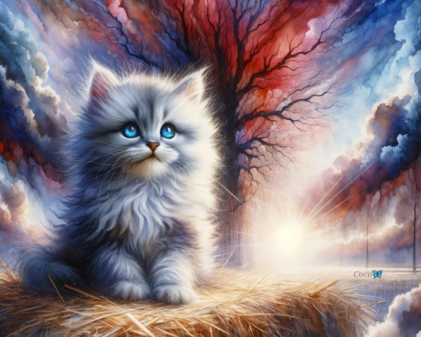 Fluffy Silver-Gray Kitten on Haystack Under Surreal Sky