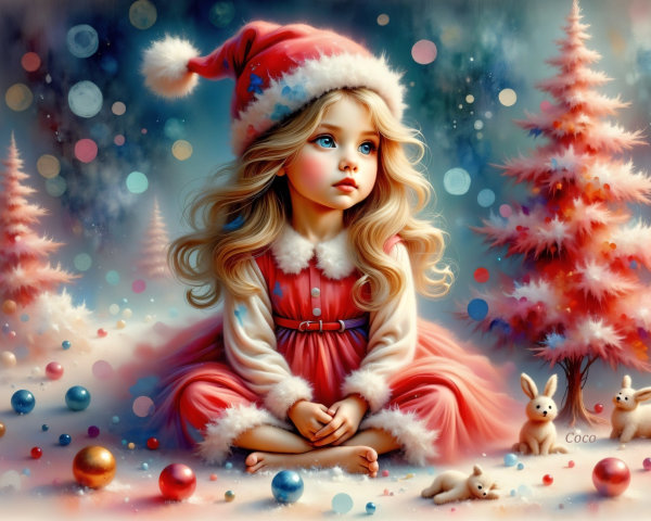 Young Girl in Snow with Christmas Ornaments Painting
