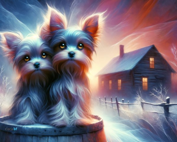 Fluffy Dogs in a Barrel with Cozy Cabin Background