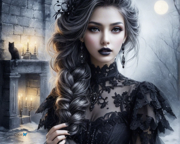 Gothic Scene with Elegant Figure in Black Lace Dress