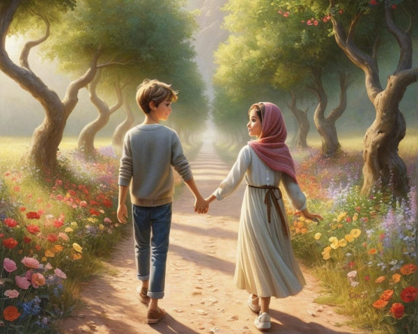 Children Walking on a Winding Path in Nature