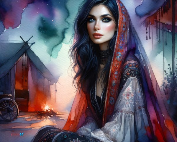 Woman in flowing garment against a starry night sky