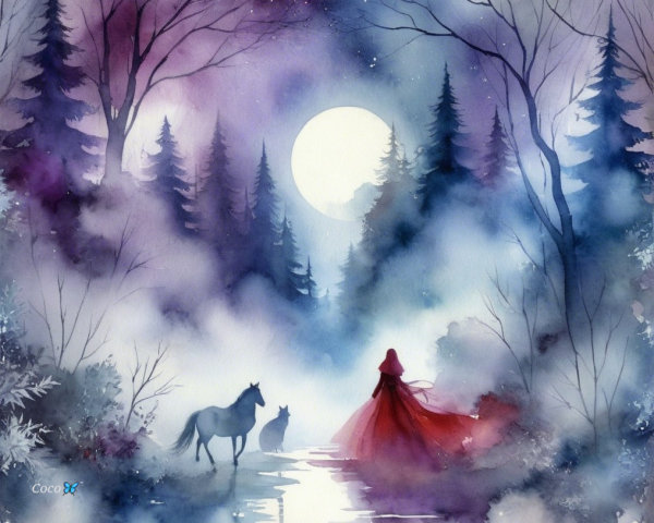 Twilight Forest Scene with Silhouetted Figures and Lake