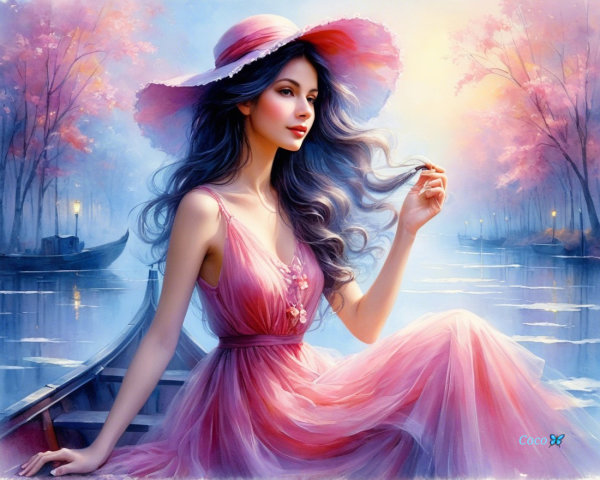 Young Woman in Pink Dress on Tranquil River Boat