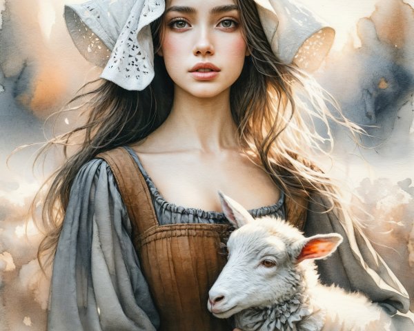 Young Woman with Sheep in Serene Rural Setting