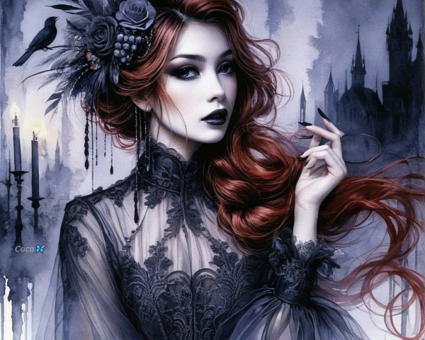 Gothic Scene with Woman in Black Lace Gown and Raven