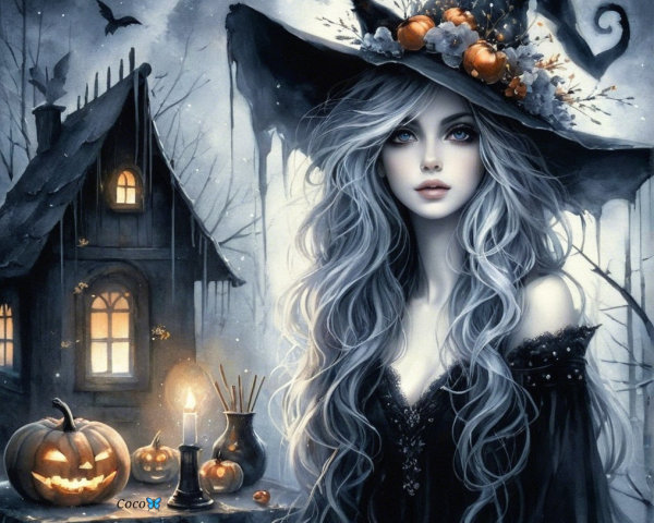 Mystical Witch in Black Dress with Enchanted Cottage