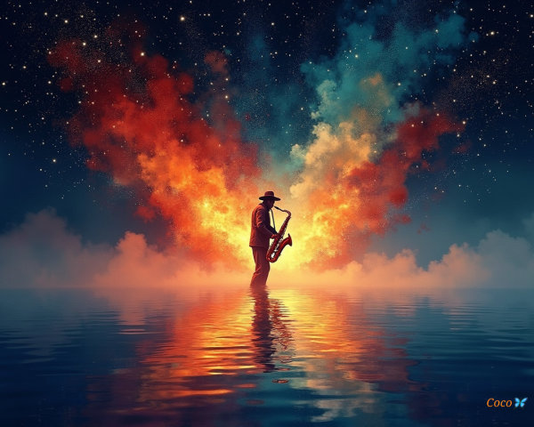 Saxophonist Silhouette in Surreal Cosmic Setting