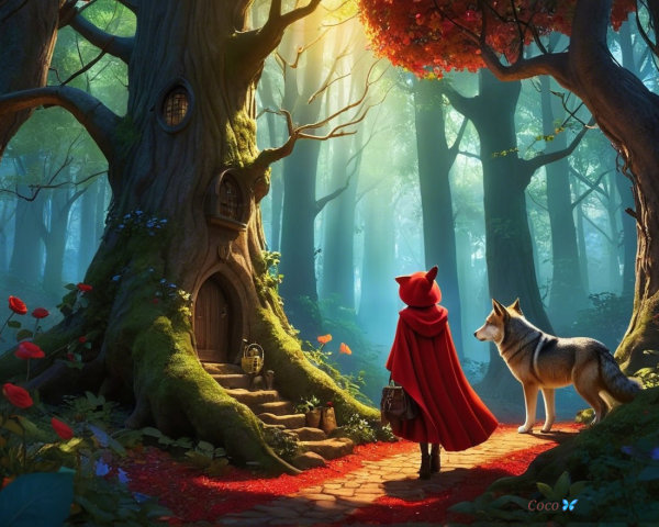Enchanted forest scene with girl and wolf by door