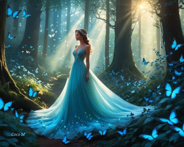 Serene Forest Glade with Young Woman and Butterflies