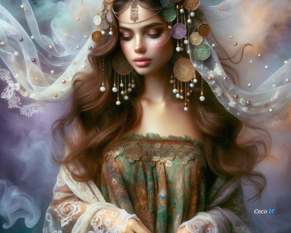 Woman in ornate garment with flowing hair and veil