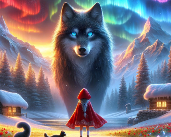 Magical Scene with Northern Lights and Ethereal Wolf