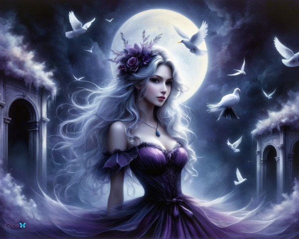 Ethereal Woman in Twilight with Moon and Doves