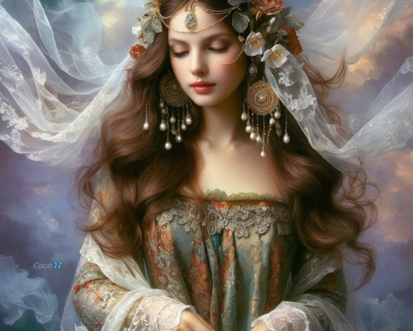 Serene Portrait of Woman with Floral Accessories