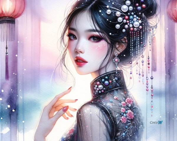 Young Woman in Traditional Attire with Floral Designs