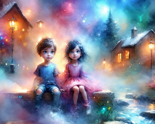 Enchanted Children on a Stone Bridge in Dreamlike Setting