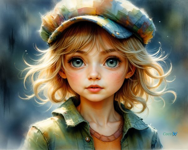 Portrait of a Young Girl with Blue Eyes and Blonde Hair