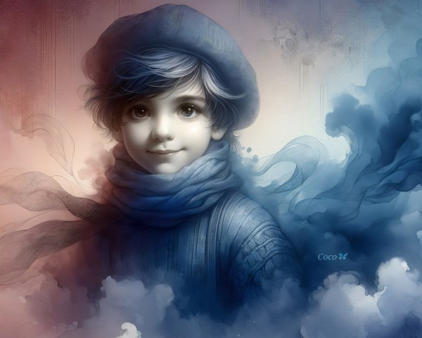 Whimsical Portrait of a Boy in Blue Beret and Scarf