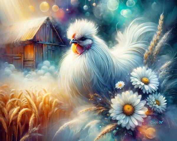 Fluffy White Rooster in Dreamlike Landscape Setting