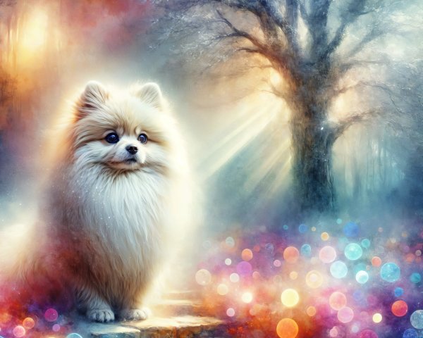 Fluffy Pomeranian on a Stone Path in Mystical Forest