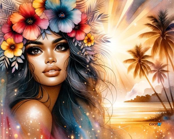 Portrait of a woman with tropical flowers at sunset