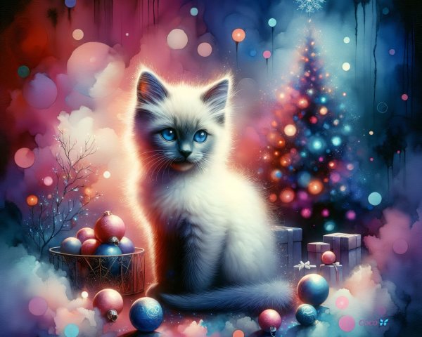 Digital Christmas Scene Featuring Fluffy Kitten and Ornaments