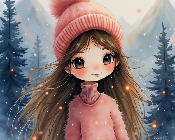 Cute anime girl in winter wonderland with fairy lights