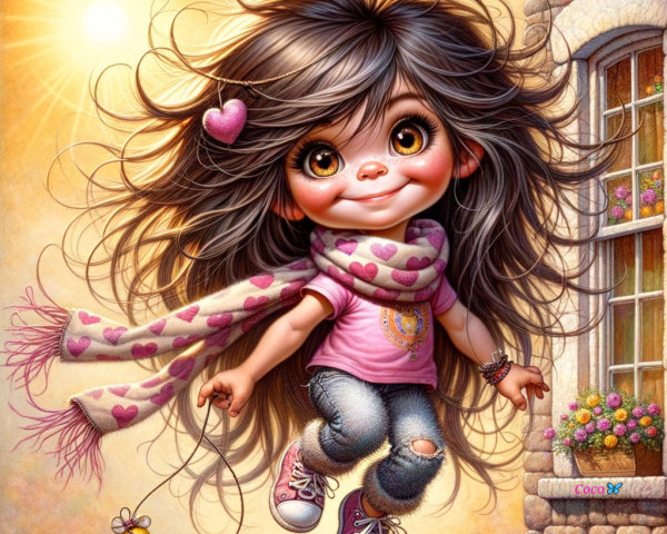Cheerful animated girl jumping in a sunny setting