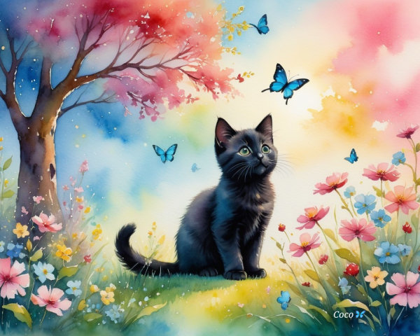Black Kitten in Vibrant Dreamlike Landscape with Butterflies