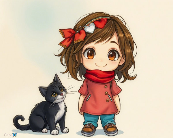 Animated girl with cat in heartwarming scene