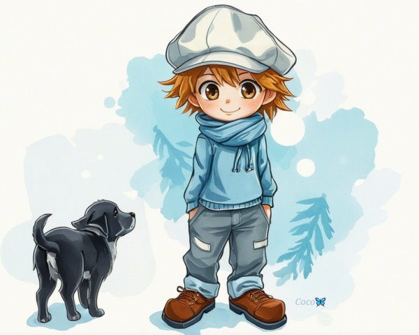 Cheerful boy in blue sweater with playful black dog