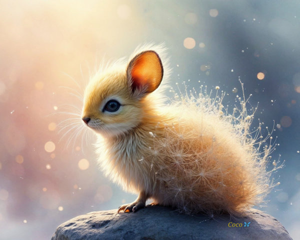 Fluffy Creature with Golden Fur on a Smooth Stone