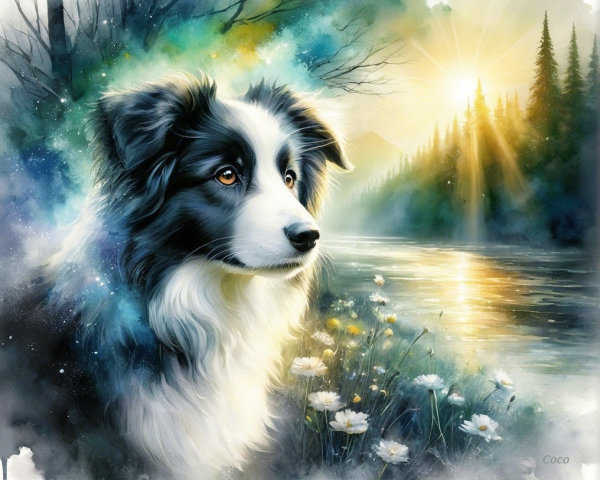 Black and white dog by a shimmering river at sunrise