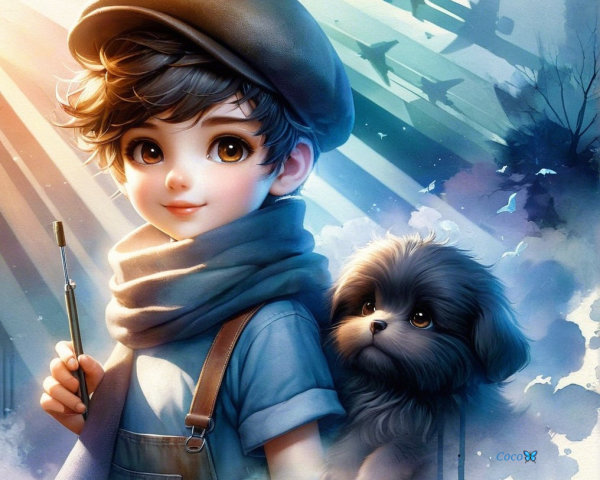 Young artist with dog in whimsical blue setting