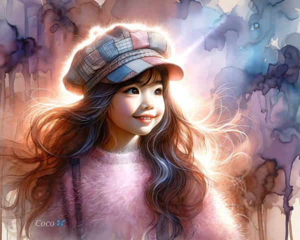 Cheerful girl in pastel cap and cozy pink sweater