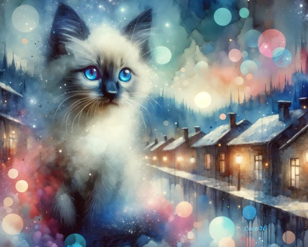 Fluffy Cat in Dreamy Colorful Winter Landscape